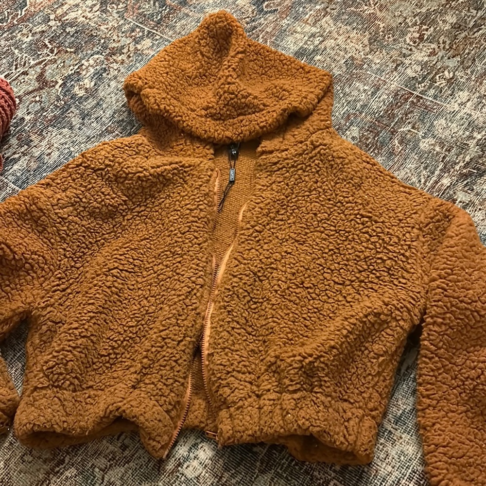 Burnt Orange Teddy Cropped Hoodie